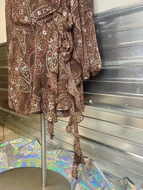 Abercrombie & Fitch Paisley Wrap Dress Brown Pink Floral Ruffle Hem Boho Women’s - Picture 5 of 13